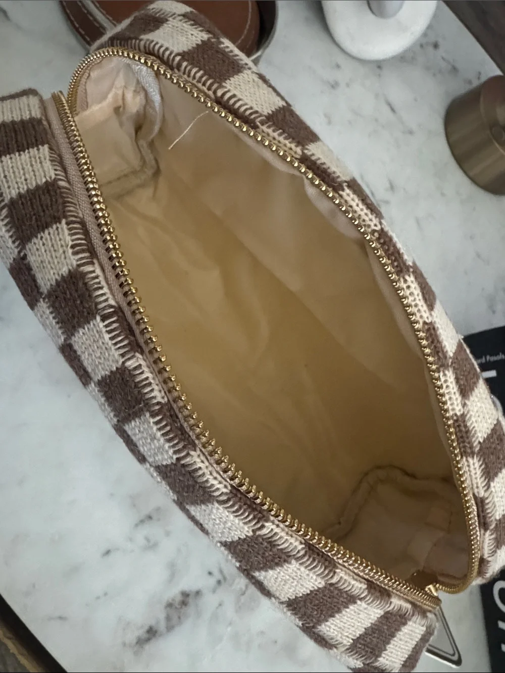 Brown Checkered Women’s Cosmetic Pouch - Unbranded